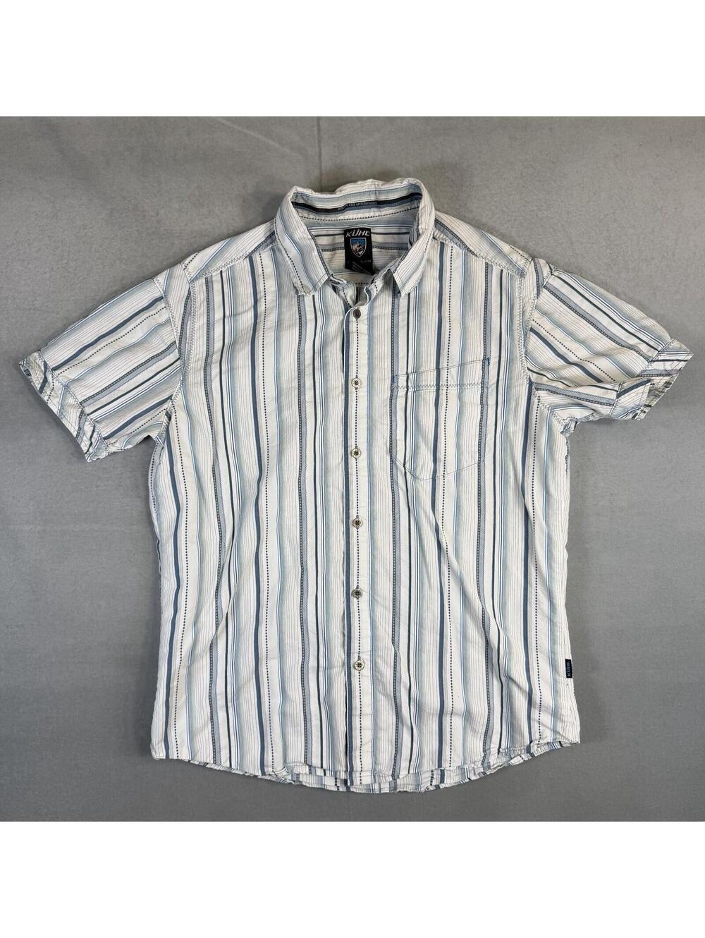 KUHL Suncel Shirt Mens Small White Blue Striped Short Sleeve Hiking Cotton